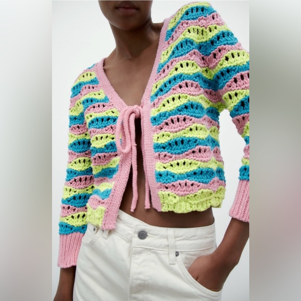 Zara // crochet chunky knit tie front multi color cardigan
